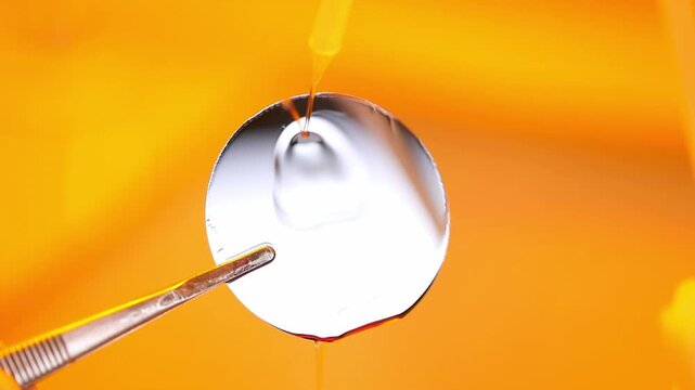 Close-up of a circular silicon wafer held by metal tweezers as a liquid chemical solution is applied from a pipette, set against a bright orange background in a cleanroom laboratory setting.
