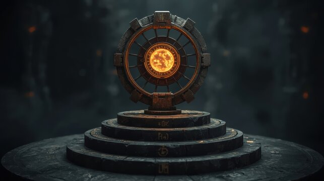 Ancient stone portal with a glowing magical sun core standing on a dark stepped circular platform