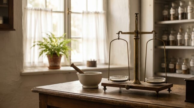Vintage brass scales and ceramic mortar sit on a rustic wooden table in a sunlit, historic creative design image