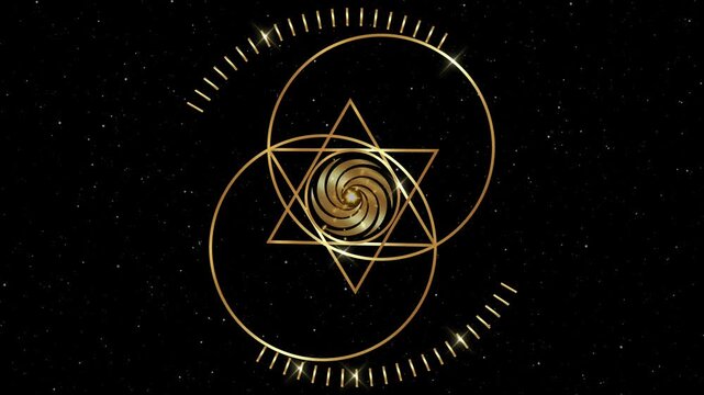 Video loop animation of Vesica piscis Sacred geometry circuit. Gold All Seeing eye, the third eye or The Eye of Providence inside lines circles. Phi mystic heaven and earth black galaxy background