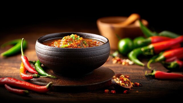 A dark setting showcases a bowl of spicy sauce surrounded by vibrant chili peppers and green ingredients