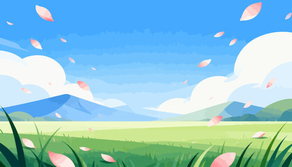 Fototapeta premium Soft pink petals drift through gentle blue skies. Lush green grass sways beneath distant, hazy mountains. Clouds float lazily, adding calm to the tranquil scene. Nature's quiet beauty invites peace
