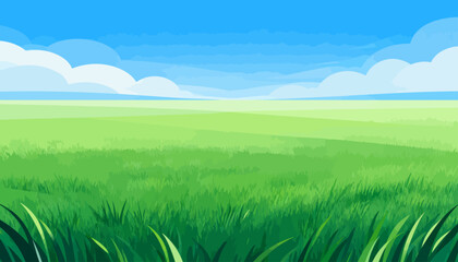 Vast green field stretches under clear blue sky. White clouds drift gently above the horizon. Fern-like blades of grass frame the foreground. Sunlit meadow feels peaceful and inviting