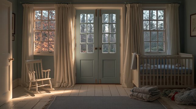 Sunny nursery interior with rocking chair and wooden crib
