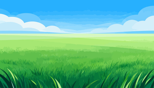 Vast green field stretches under clear blue sky. White clouds drift gently above the horizon. Fern-like blades of grass frame the foreground. Sunlit meadow feels peaceful and inviting