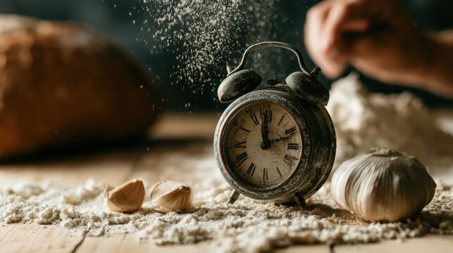An antique alarm clock dusted with flour beside garlic and bread