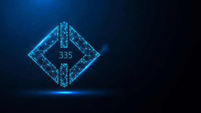 Abstract 3D rendering of a glowing diamond shape with the number 335 inside, set against a dark background.