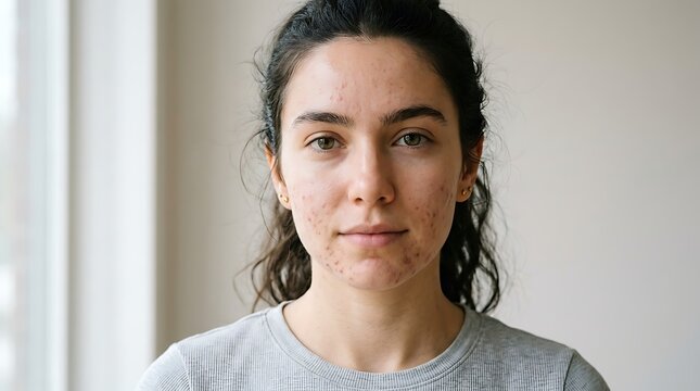 Authentic portrait of a young woman with natural skin texture and visible acne, looking directly at the camera with a neutral expression.