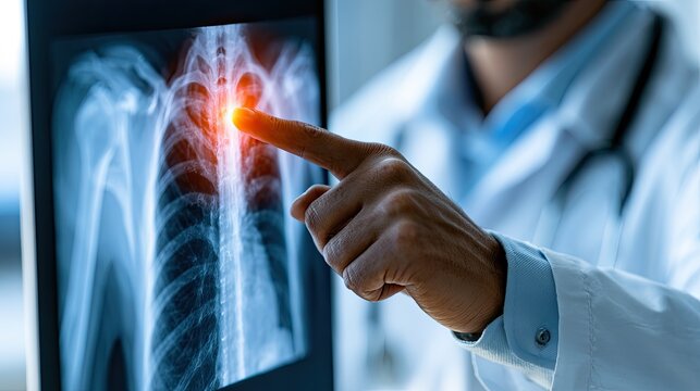 Doctor examines glowing chest X-ray, pointing to a concerning area