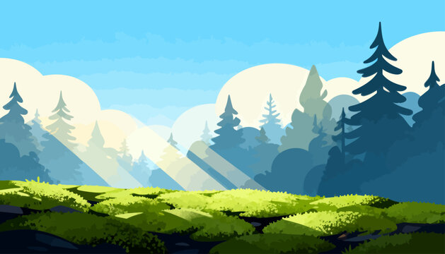 Sunlight pierces through misty forest canopy. Green moss blankets rolling hills below. Pine trees stand tall in layered depth. Soft sky glows with gentle, diffused light