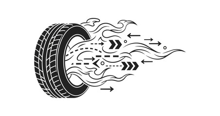 Fototapeta premium Tire with speed trails graphic illustration on black background