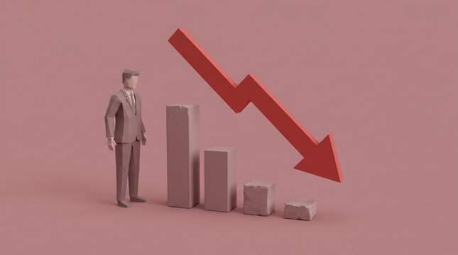 Minimal low poly 3D businessman watching a falling red arrow and declining bar chart on dusty pink background, financial crisis and economic recession concept.