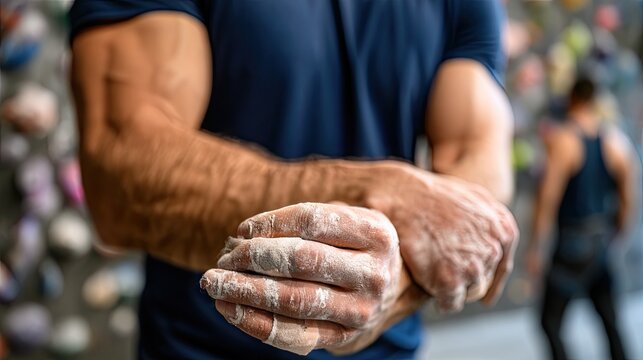 Muscular forearms chalked up, ready to climb. Background shows a bouldering gym