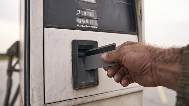 Hand inserts credit card into weathered gas pump for transaction