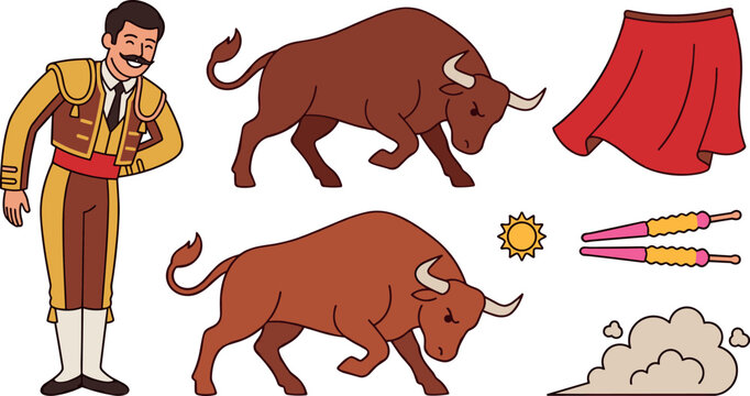 Spanish Corrida de Toros Graphic Set Featuring Smiling Matador, Charging Brown Bulls, Flying Red Muleta Cloak, Banderillas, and Dust Cloud Vector