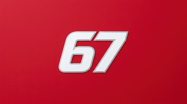 Number 67 Racing Emblem with Silver Outline on a Solid Red Background