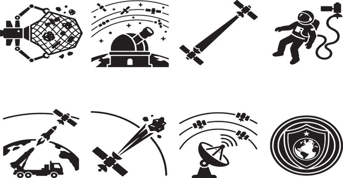 Space exploration and technology including astronaut satellite rocket and observatory