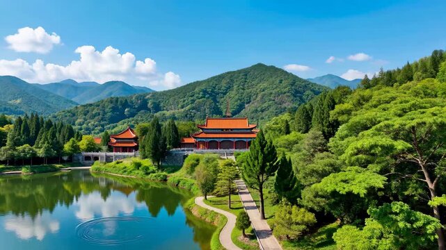 Panoramic view of temples among mountains and rivers, scenery of ancient buildings with green mountains and clear waters