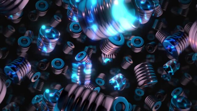 A background of spinning 3D dark chrome style electric style shapes on an endless loop.
