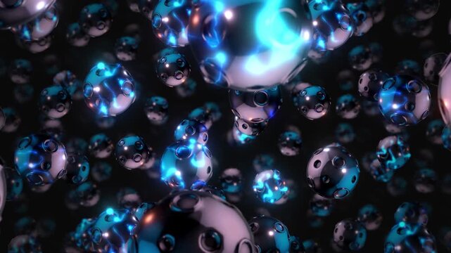 A background of spinning 3D dark chrome style electric style shapes on an endless loop.
