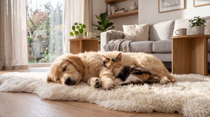 Naklejka premium Adorable golden retriever dog and calico cat sleeping peacefully together on a fluffy rug in a cozy sunlit living room