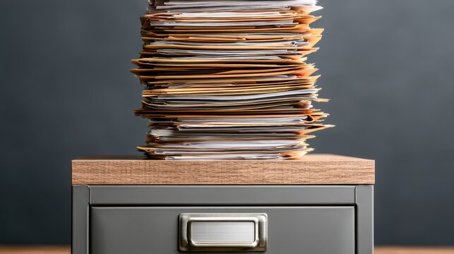 Tall stack of old folders on a metal filing cabinet drawer