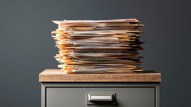 A tall, messy stack of manila folders sits on a metal filing cabinet drawer