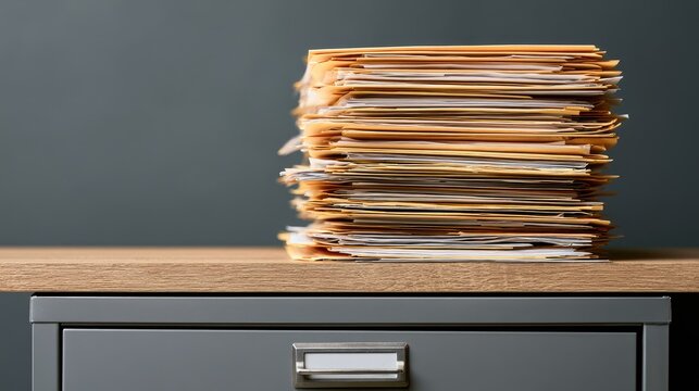 Tall stack of manila folders on a desk, beside a filing cabinet drawer