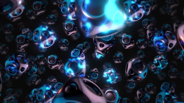 A background of spinning 3D dark chrome style electric style shapes on an endless loop.
