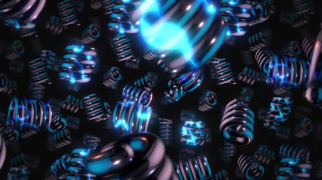 A background of spinning 3D dark chrome style electric style shapes on an endless loop.
