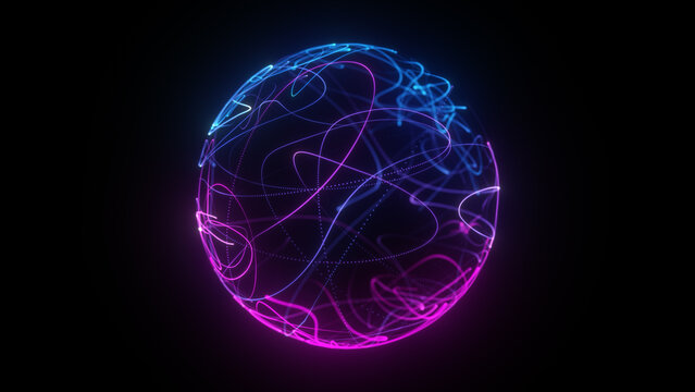 Glowing vibrant particle 3d sphere in the Universe. Abstract technology, science, engineering, and artificial intelligence background. blue pink glowing sphere, energy orb. Virtual picture background.