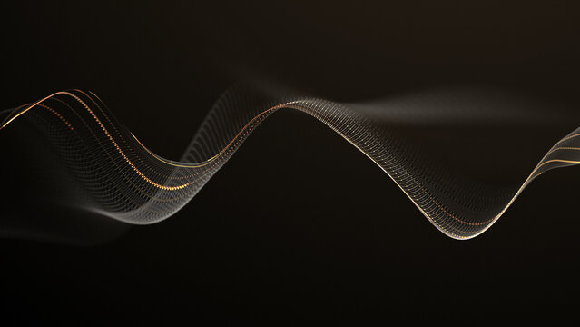 Golden flowing dotted wave line with warm amber and bronze glow on deep black background. Minimal luxury futuristic digital style abstract premium branding. Oscillation of digital waves Background