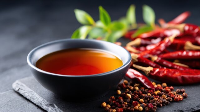 A dark bowl filled with oil surrounded by dried red chilies and peppercorns on a textured surface