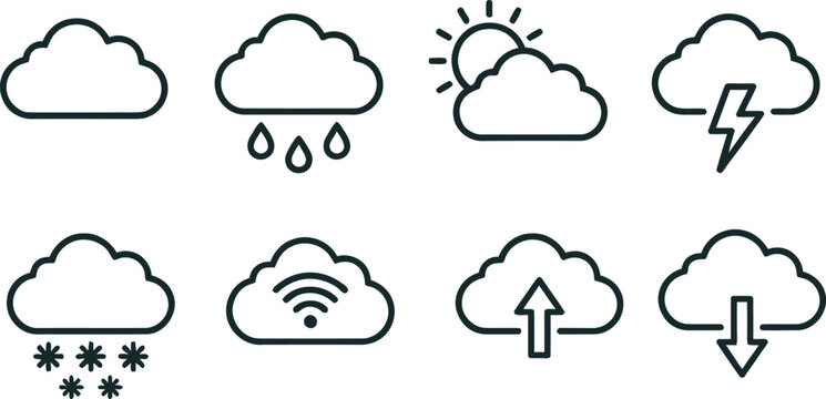 Collection of weather forecast featuring clouds with rain, snow, lightning, sun, and wifi symbols in a clean minimalist line style