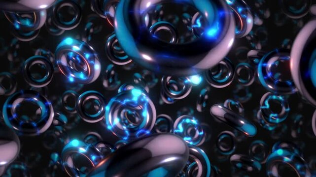 A background of spinning 3D dark chrome style electric style shapes on an endless loop.
