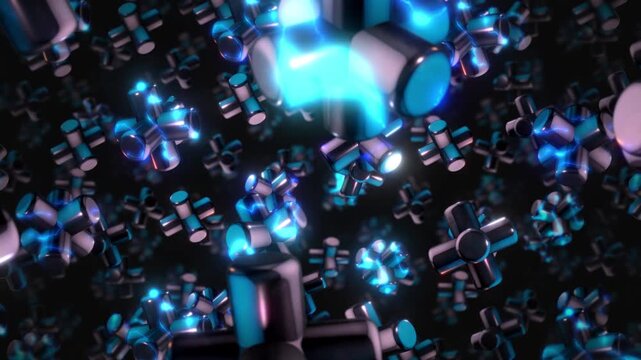 A background of spinning 3D dark chrome style electric style shapes on an endless loop.
