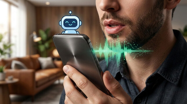 A man speaks into a smartphone displaying a friendly robot icon and a green audio wave, symbolizing AI interaction and voice commands, perfect for technology concepts.