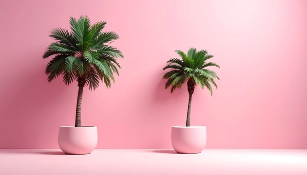 Two potted palm trees of differing sizes are set against a solid pink backdrop, in a minimalist studio
