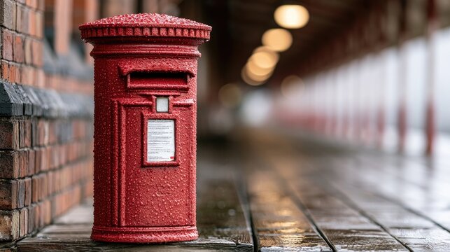 A vibrant red, wet pillarbox stands in a blurred, red-lit covered walkway