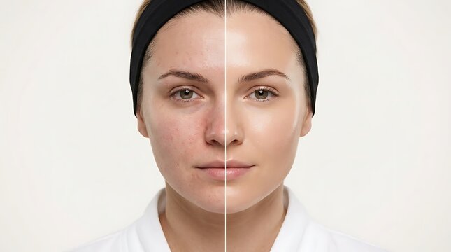 Woman's Face Before & After Skincare Treatment for Redness and Imperfections, Achieving Clear, Smooth, and Radiant Skin