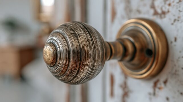 Vintage brass door knob mounted on weathered white wood
