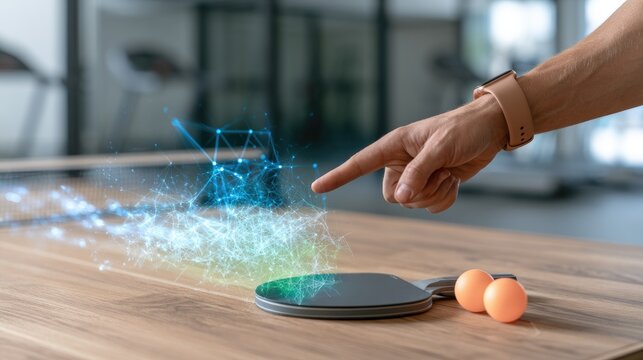 Finger interacts with glowing digital network over ping pong paddle and balls