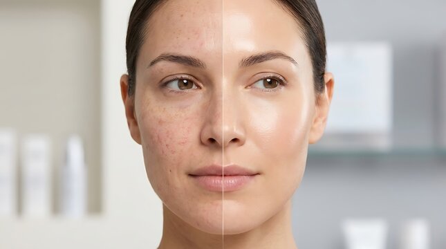 Woman's Face Before and After Skincare Treatment: Imperfect vs. Flawless Complexion Transformation