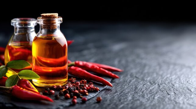 Two glass bottles of oil surrounded by red chili peppers and spices on a dark stone surface