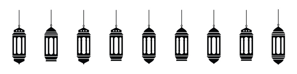 Fototapeta premium Black silhouette of ornate hanging lanterns on a white background decorative islamic design