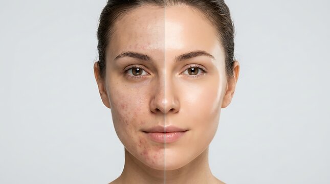 Woman's Face Before and After Skincare Treatment: One Half with Acne and Imperfections, the Other Half with Clear, Smooth, and Healthy Skin