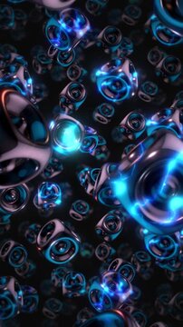 A background of spinning 3D dark chrome style electric style shapes on an endless loop.

