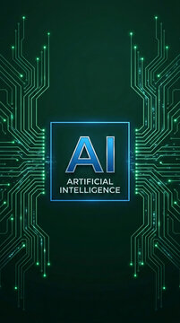 Stylized digital circuit board pattern with glowing green nodes and the text "AI ARTIFICIAL INTELLIGENCE", symbolizing technology, innovation, and data processing,  for futuristic or tech concepts
