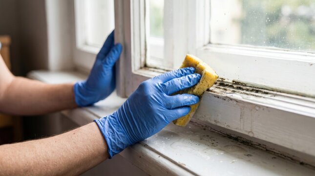Cleaning mold from a window frame caused by excess humidity and condensation, home maintenance, moisture control and household hygiene