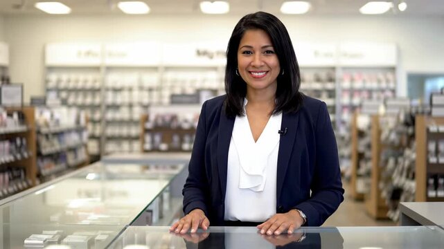 Female merchants stand in front of the store counter, shopping mall guides wear smiling clothes